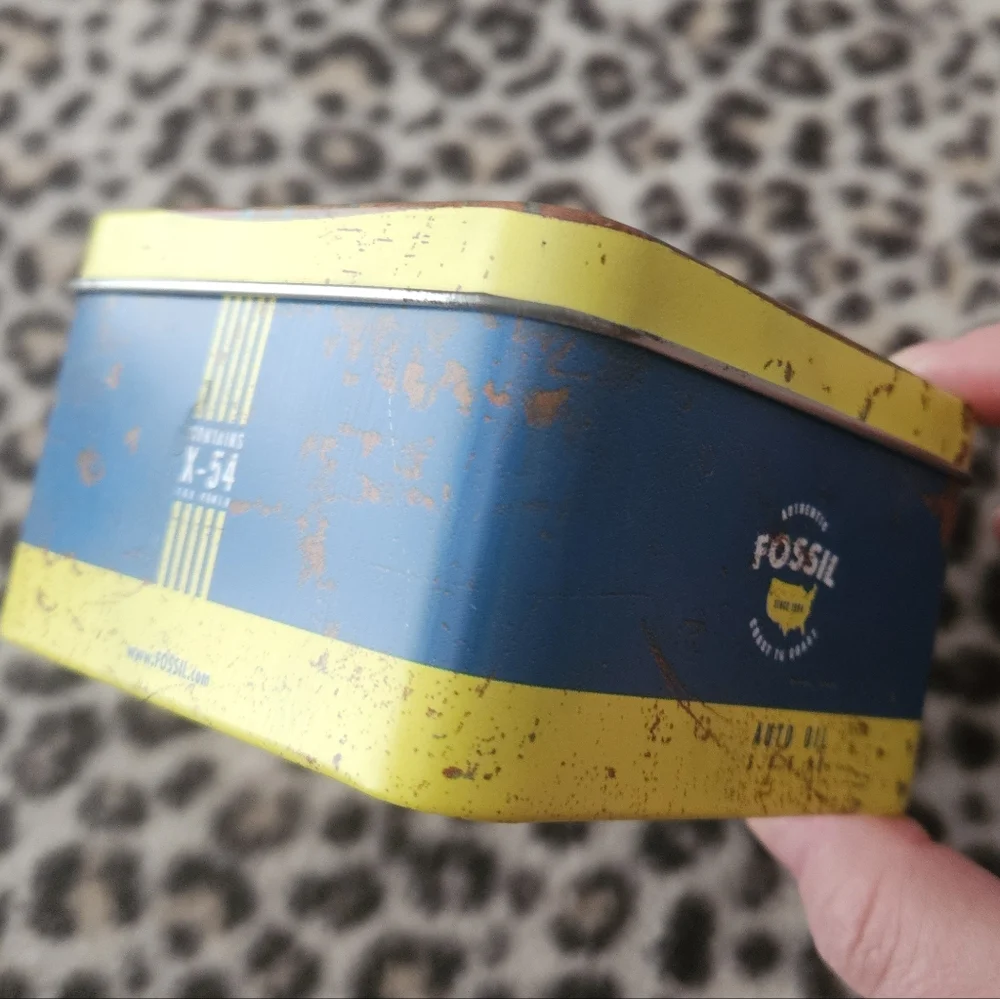 Fossil Blue and Yellow Faux Rust Metal Watch Tin, SBT0241 1/00, 2000 Y2K Vintage